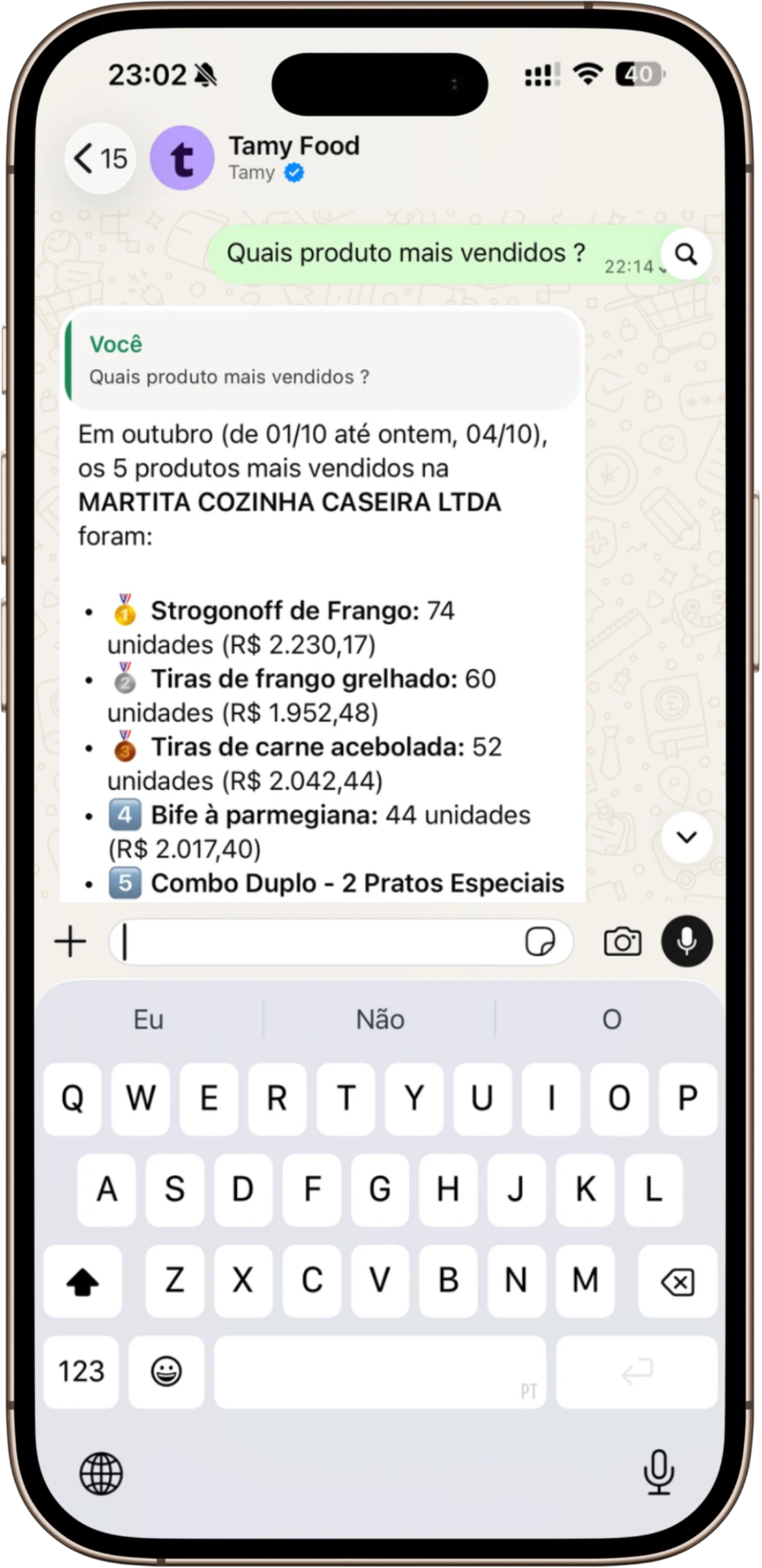 Celular com a conversa da Tamy no WhatsApp mostrando números de padarias e confeitarias