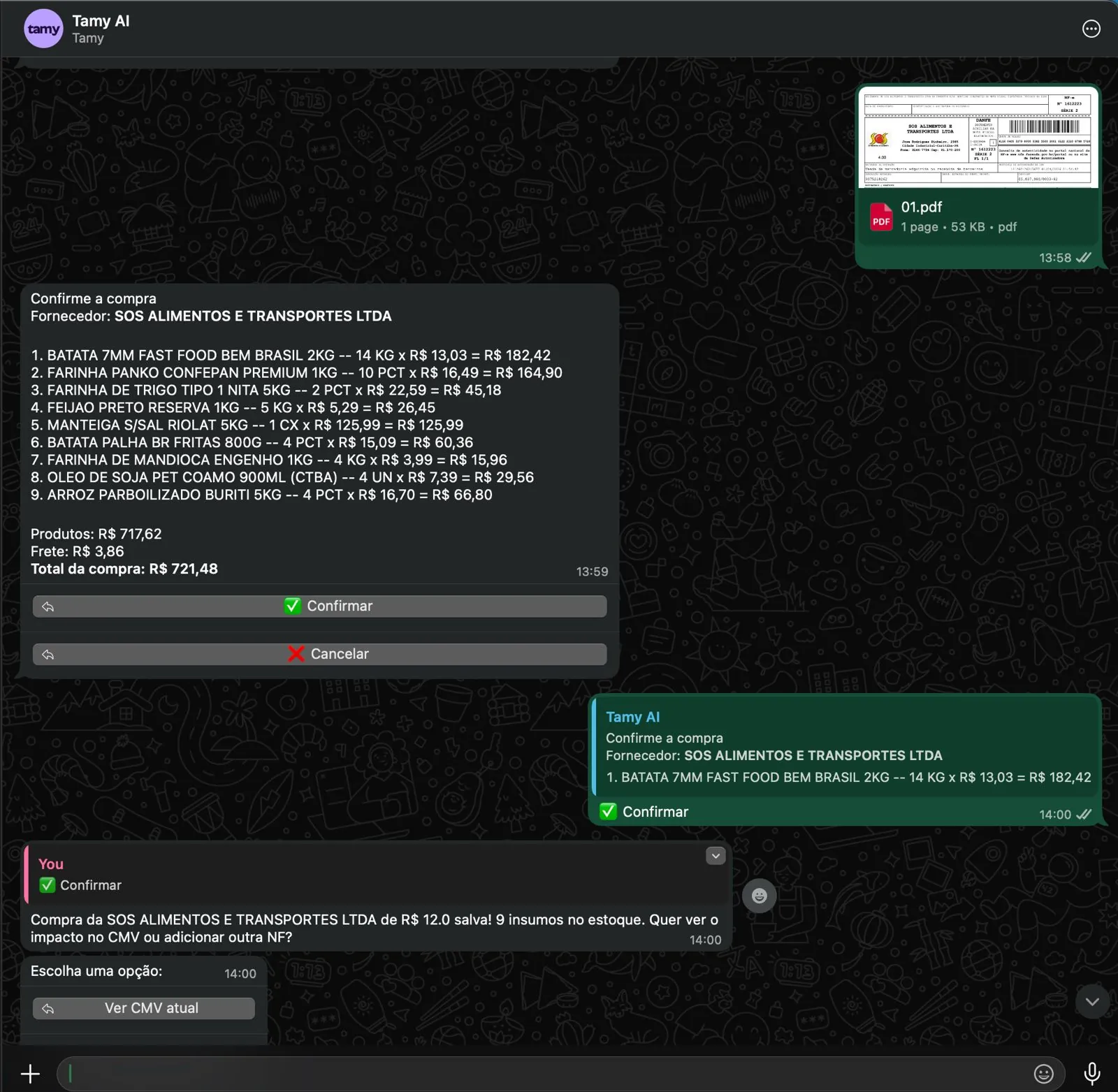 Conversa no WhatsApp mostrando a Tamy recebendo uma nota fiscal, confirmando a compra e atualizando o estoque automaticamente