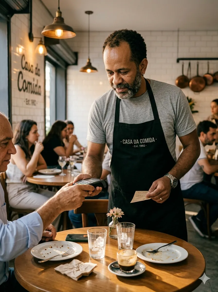 Dono fechando conta no cartão durante o almoço