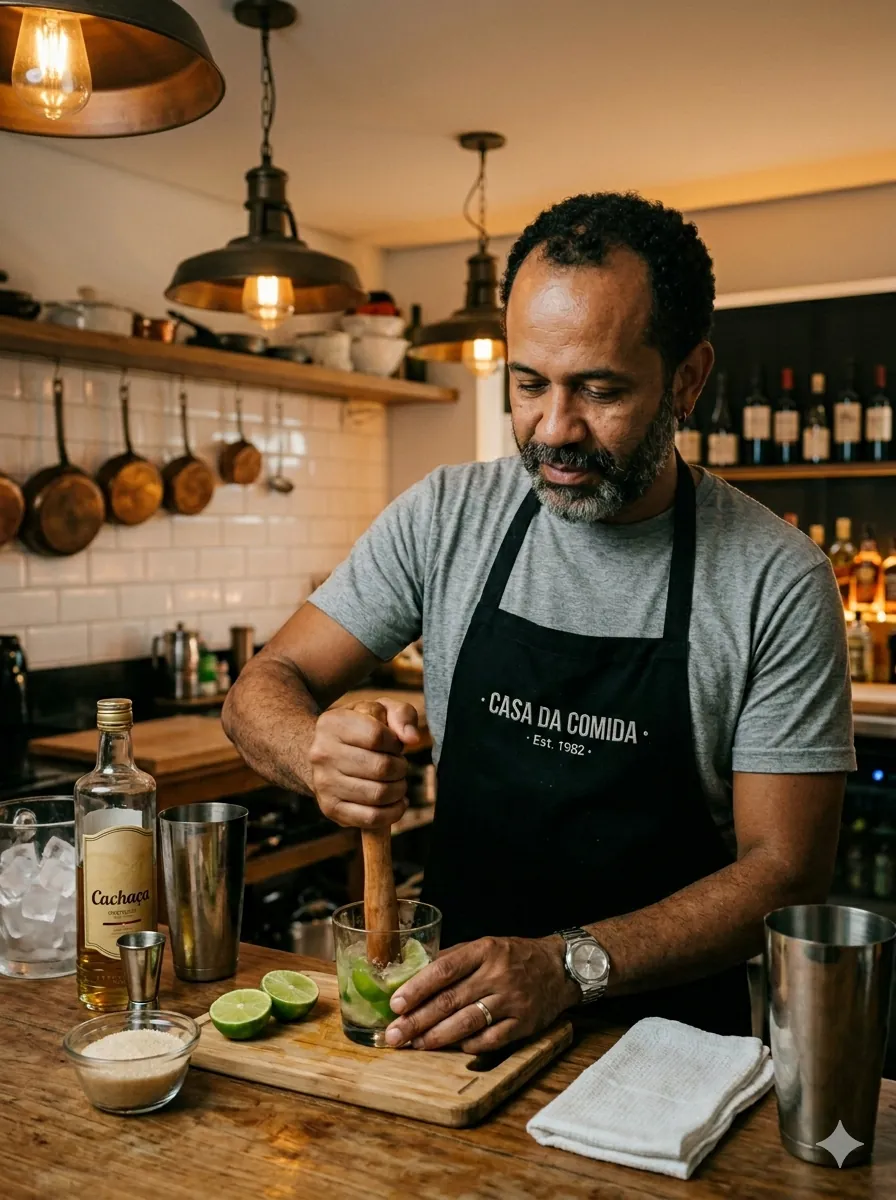 Dono preparando uma caipirinha no bar